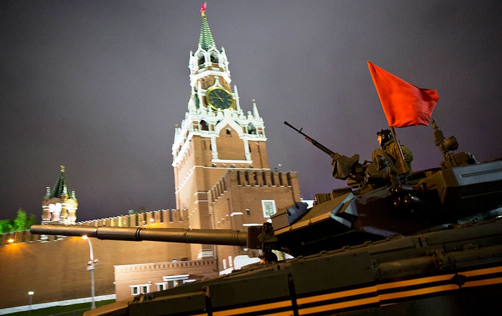 Russian military vehicles make their way through the Red Square during a rehearsal for the Victory Day military parade which will take place at Moscow`s Red Square on May 9 to celebrate 69 years of the victory in WWII, in Moscow, Russia.