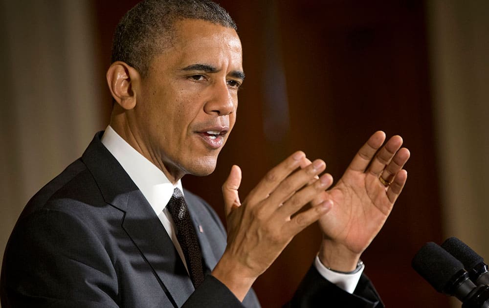 President Barack Obama speaks at a celebration of Cinco de Mayo in the East Room of the White House in Washington.