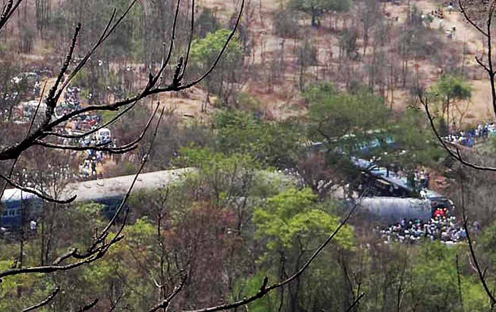 An aerial view of the derailed passenger train at Nagothane in Raighad district.