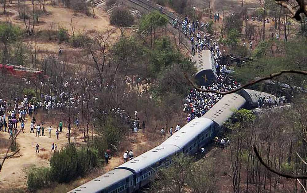 A scene of the derailed passenger train atNagothane in Raigad district.