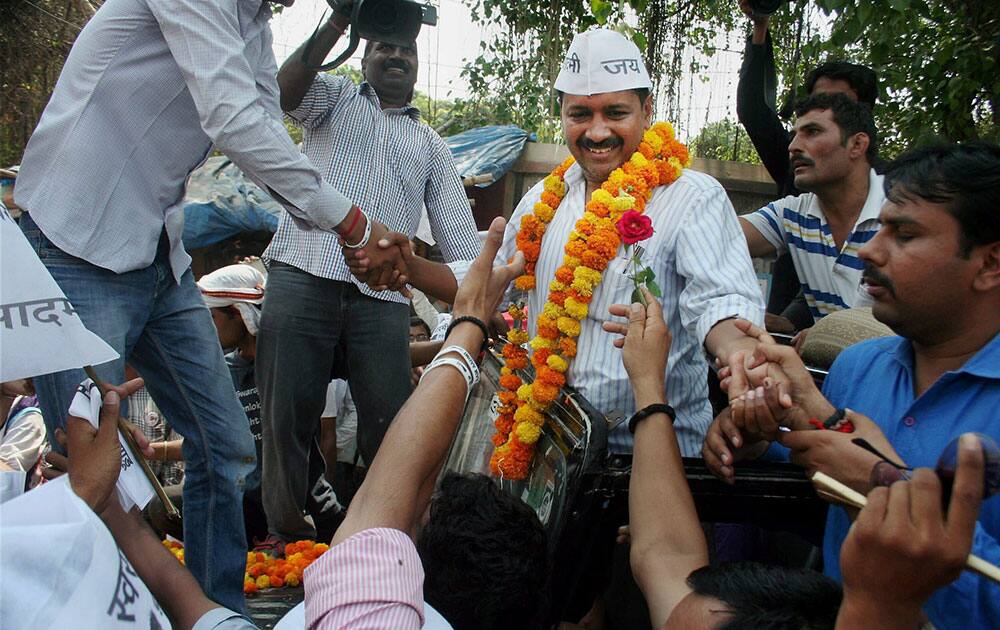 Aam Aadmi Party convener Arvind Kejriwal during an election campaign at Karaundi in Varanasi.