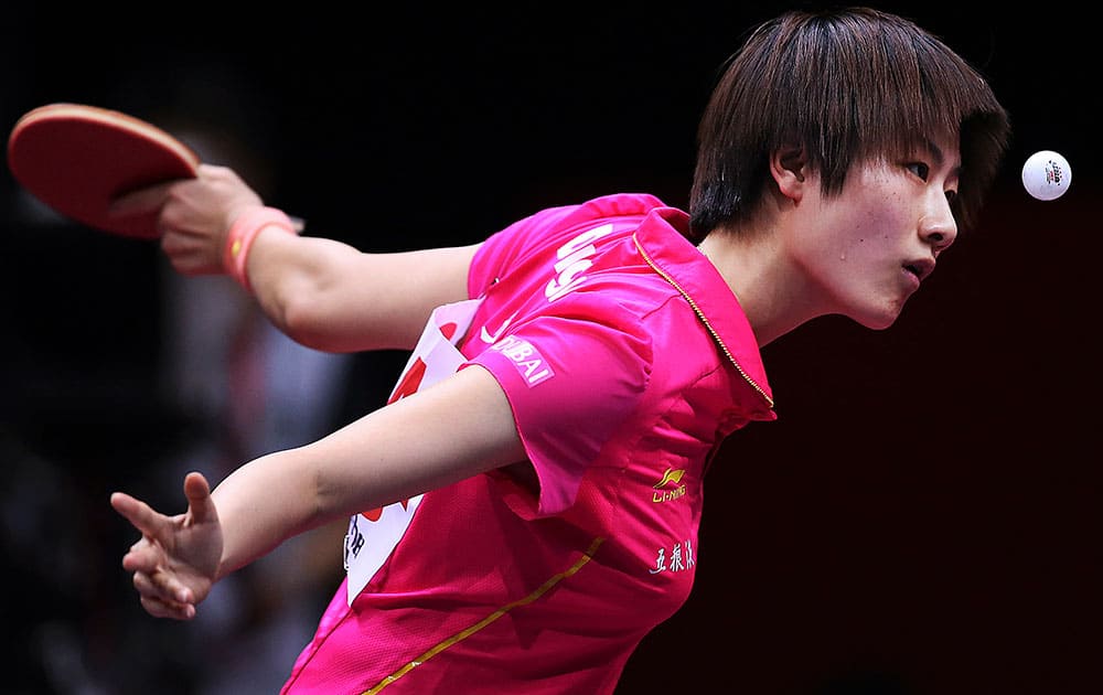 China`s Ding Ning plays against Yu Mengyu of Singapore during her semifinal match of the World Team Table Tennis Championships in Tokyo.