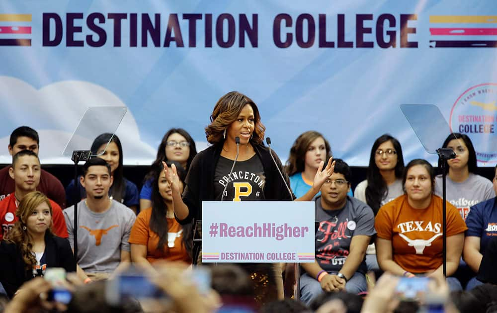 First lady Michelle Obama speaks to high school students during College Signing Day, an annual celebration of San Antonio high school seniors committing themselves to higher education, in San Antonio.