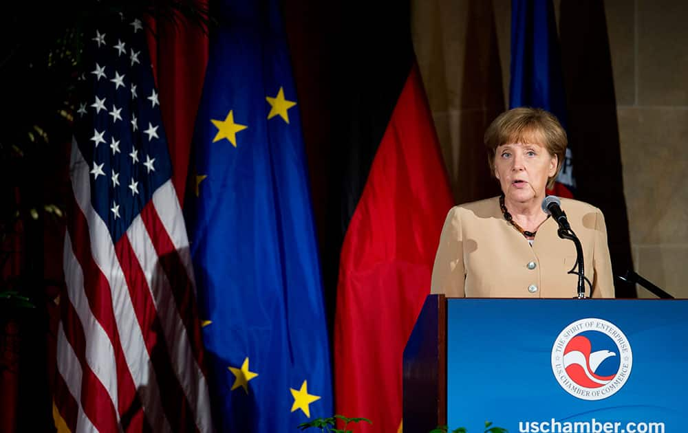 German Chancellor Angela Merkel speaks at the US Chamber of Commerce in Washington.