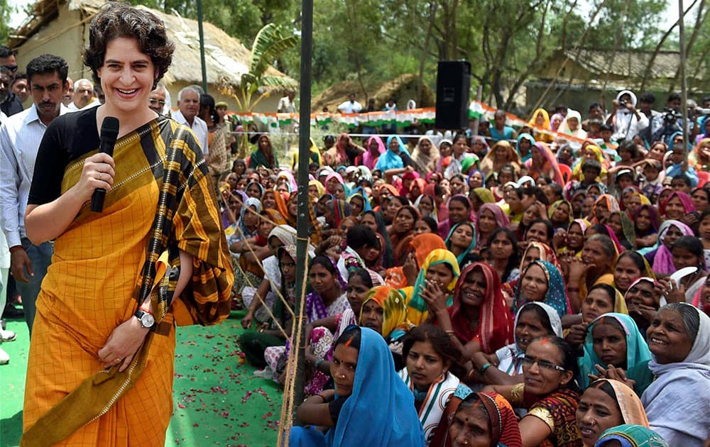 Priyanka Vadra addresses villagers during her election campaign for her brother and Congress Vice President Rahul Gandhi in Amethi.