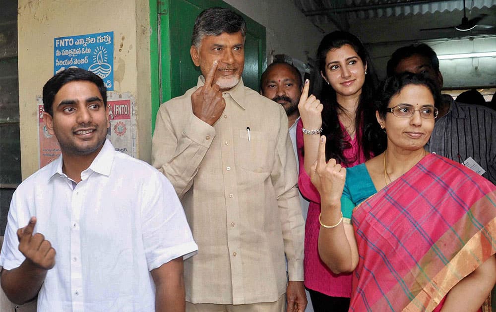 TDP leader N Chandra Babu Naidu along with his wife N. Bhuvaneshwari and other family members after casting their votes for Lok Sabha polls in Hyderabad.