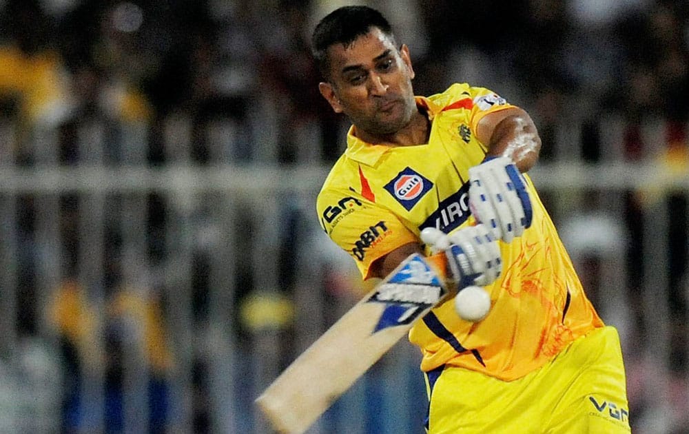 MS Dhoni captain of Chennai Superkings bats during ipl 7 match IN Sharjah.