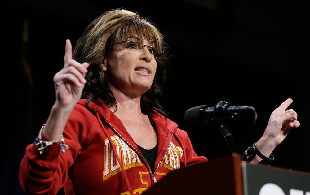 Former Alaska Gov. Sarah Palin speaks during a campaign rally for Iowa Republican Senatorial candidate Joni Ernst, in West Des Moines, Iowa. 