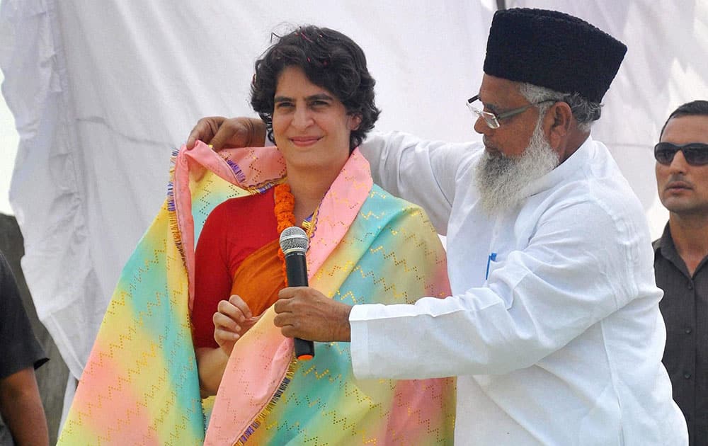 Priyanka Vadra being feliciated by a supporter during an election campaign for her brother and Congress Vice President Rahul Gandhi in Amethi.