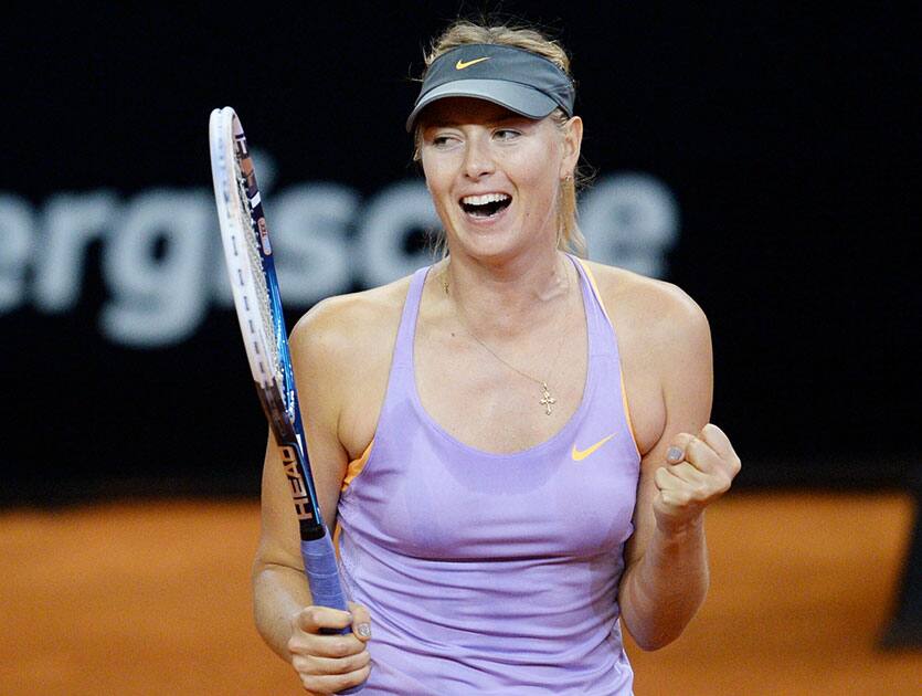 Russia`s Maria Sharapova celebrates after winning her semifinal match against Sara Errani of Italy at the Porsche tennis Grand Prix in Stuttgart, Germany.