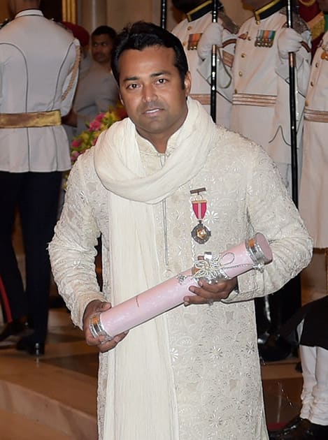 Tennis star Leander Paes after being honoured with Padma Bhushan during Padma Awards 2014 function at Rashtrapati Bhavan in New Delhi