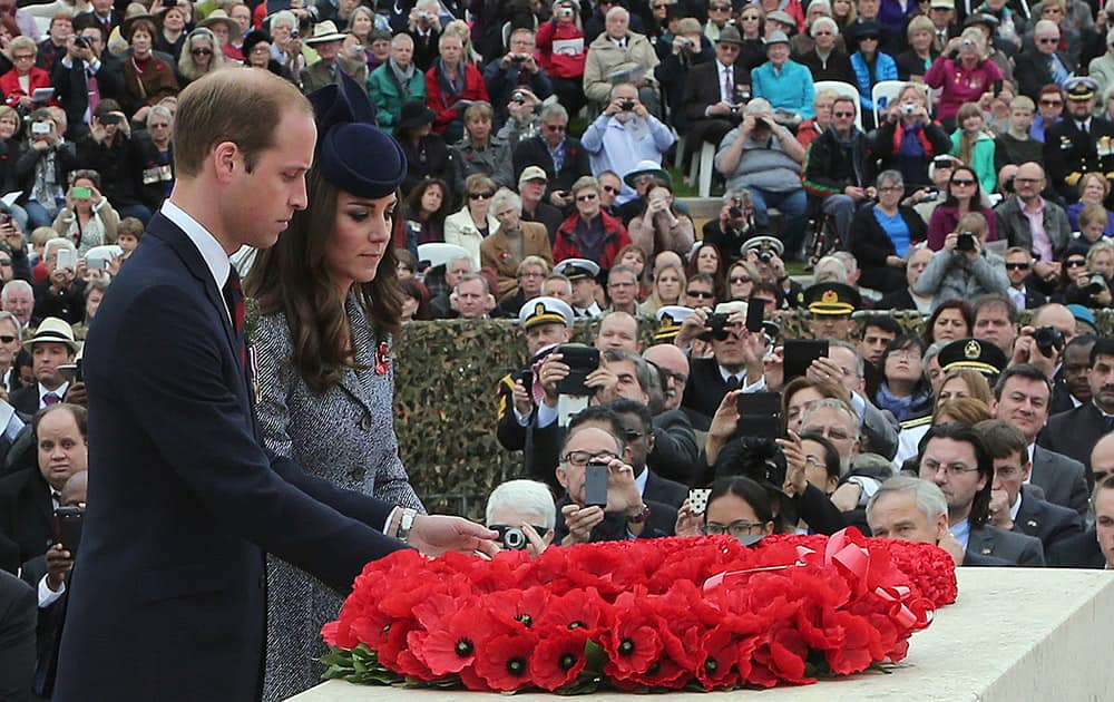 Britain`s Prince William and Kate, the Duchess of Cambridge lay a wreath at the cenotaph of the Australian War Memorial on Anzac Day in Canberra, Australia.