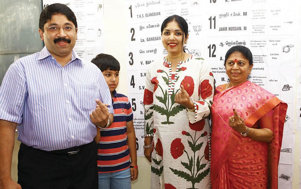 DMK leader and Chennai Central constituency candidate Dayanidhi Maran along with his family members after casting their votes for the Lok Sabha elections in Chennai.