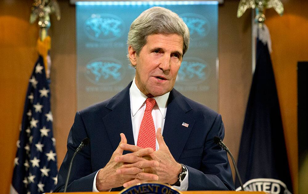 Secretary of State John Kerry speaks about the situation with Ukraine and Russia from the State Department in Washington.