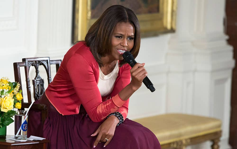 First lady Michelle Obama answers questions during the White House`s annual `Take Our Daughters and Sons to Work Day,` , in the East Room of the White House in Washington.