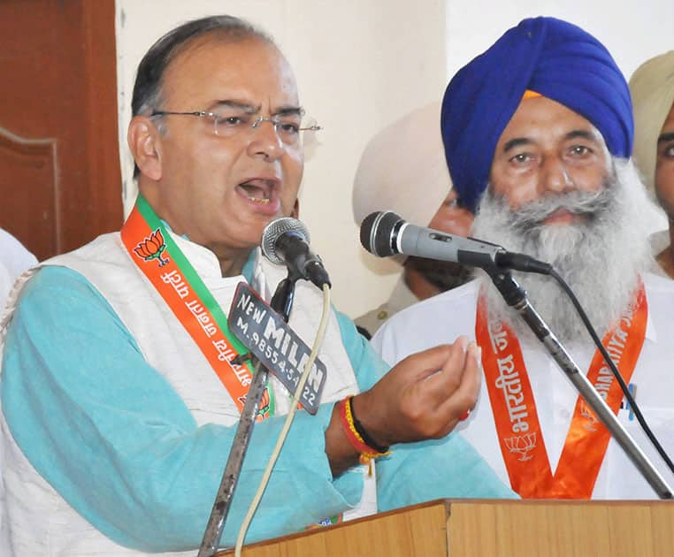 BJP candidate Arun Jaitley addresses an election campaign rally in Amritsar.