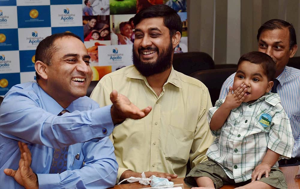 Two-yr-old Nalain Aziz, 500th Pakistani patient whose liver transplant was completed by Indraprastha Apollo Hospitals, during a press conference of the hospital in New Delhi.