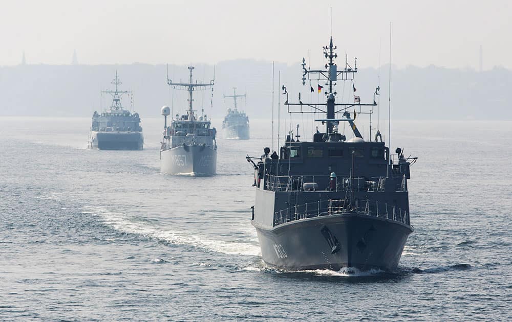 The warships of the standing NATO Mine Counter-Measures Group ONE with, from front to back, Estonian minehunter Admiral Cowen, Dutch minehunter Makkum, Norwegian minesweeper Otra and Belgian minehunter Belis set sail from Kiel, Germany.