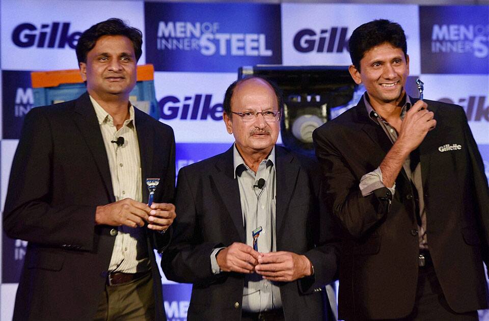 Former Indian Cricketers Javagal Srinath, Ajit Wadekar and Venkatesh Prasad during the launch of `special edition razors` by Gillette in New Delhi.