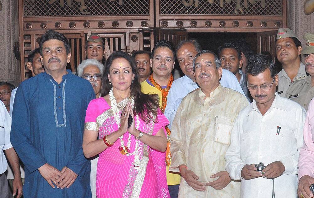 Bollywood actress & BJP candidate Hemamalini coming out after paying obesiance to Lord Krishna at Sri Krishna Janamsthan Temple in Mathura.