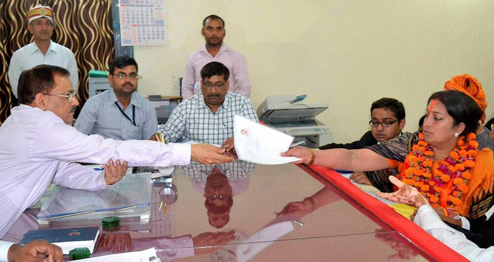 BJP candidate Smriti Irani files her nomination papers for Lok Sabha polls in Amethi.