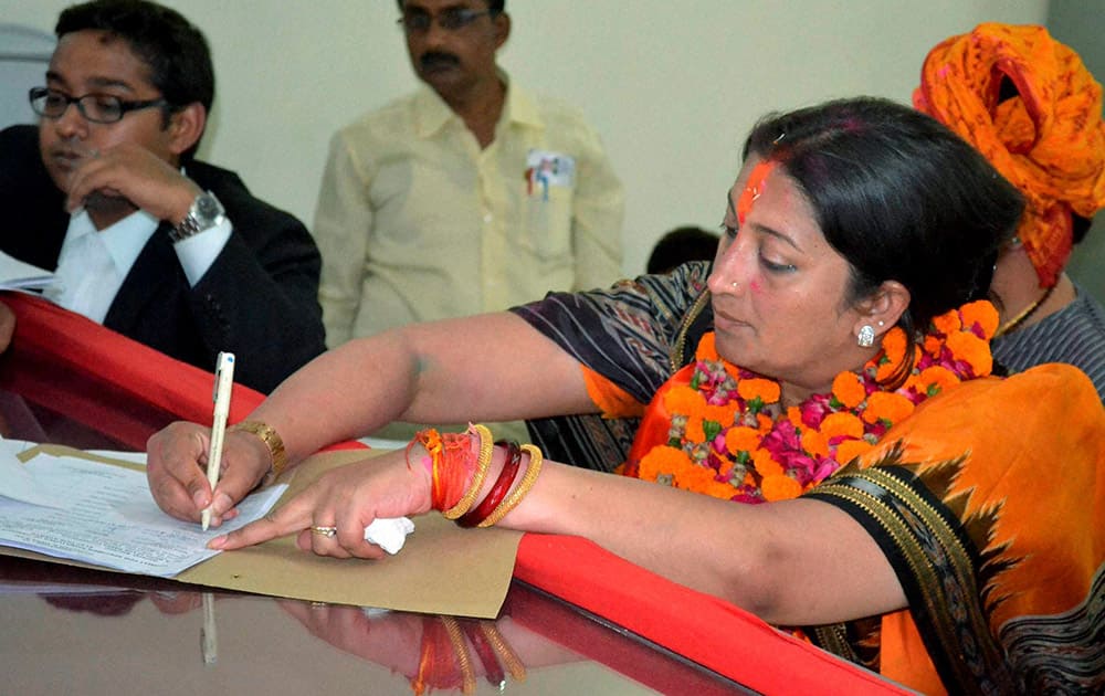 BJP candidate Smriti Irani files her nomination papers for Lok Sabha polls in Amethi.