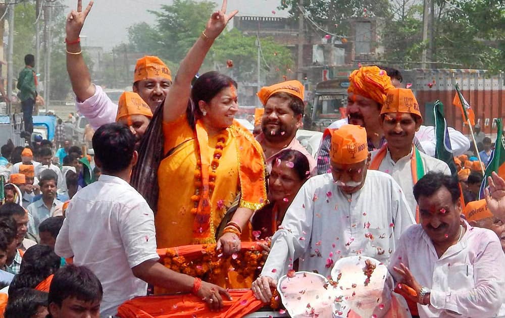 BJP candidate Smriti Irani at a roadshow before filing her nomination papers for Lok Sabha polls in Amethi.