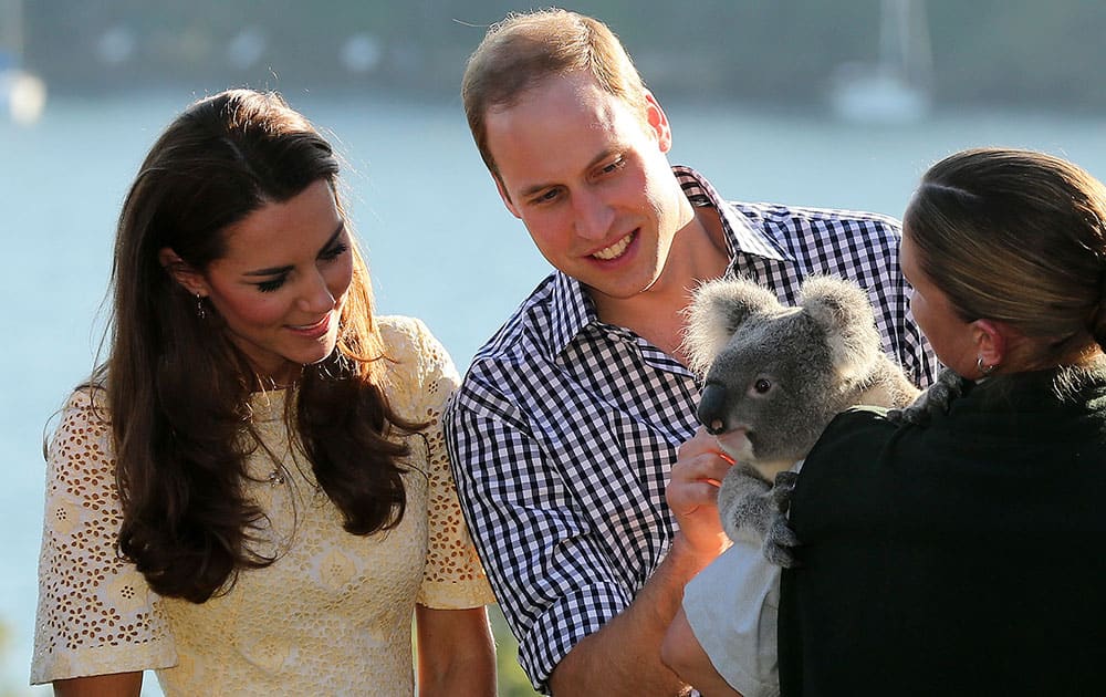 Britain`s Prince William and his wife Kate, the Duchess of Cambridge, left, meet Leuca the Koala held by keeper Lucinda Cveticanin during a wildlife show while on a visit to Taronga Zoo in Sydney, Australia.