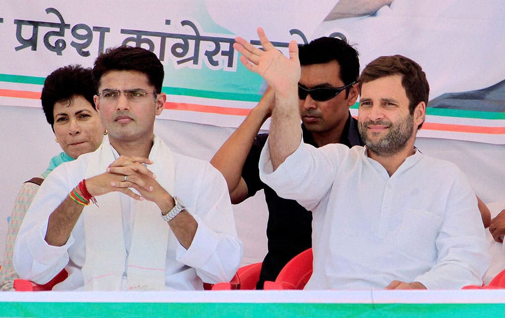 Congress Vice President Rahul Gandhi with Congress candidate from Ajmer Sachin Pilot during an election campaign rally in Karauli district , Rajasthan.