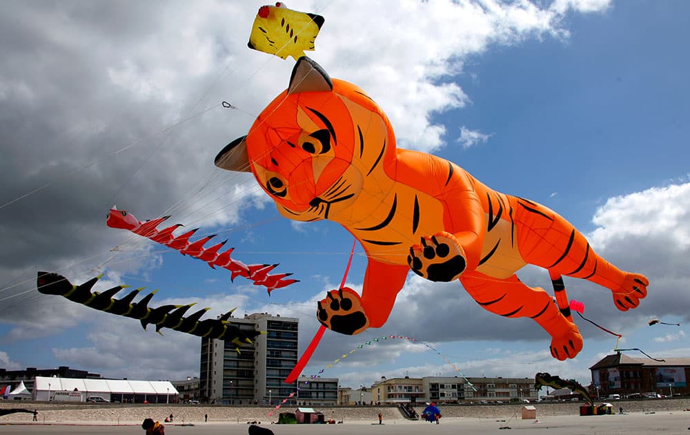 People on the sands fly their kits during the 28th International kite festival in Berck, northern France.