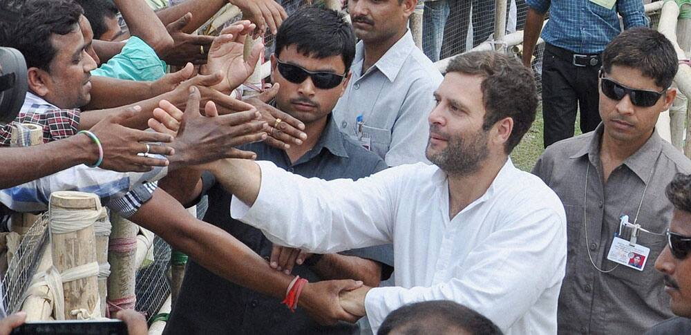 Congress Vice President Rahul Gandhi meeting supporters at an election rally in Nagaon district of Assam.