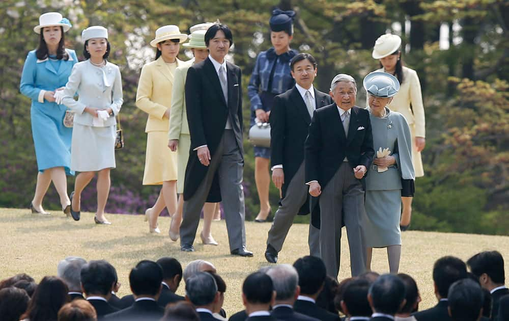 Japan`s Emperor Akihito and Empress Michiko arrive with Crown Prince Naruhito, Prince Akishino, his wife, Princess Kiko and other royal members at a spring garden party at the Akasaka Imperial Garden in Tokyo.