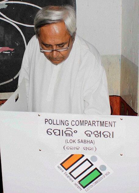Odisha Chief Minister and Biju Janata Dal President Naveen Patnaik casting his vote in Bhubaneswar.