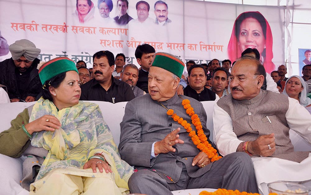 Himachal Pradesh Chief Minister Virbhadra Singh at an election rally in Mandi.