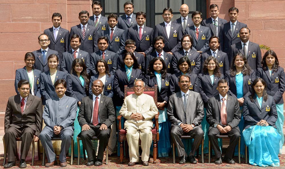 President Pranab Mukherjee during a meeting with Indian Postal Service Probationers & Indian P&T Accounts & Finance Service Probationers at Rashtrapati Bhavan.