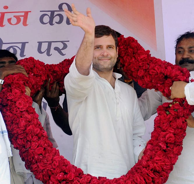 Congress vice president Rahul Gandhi is garlanded at an election campaign rally in Kishanganj.