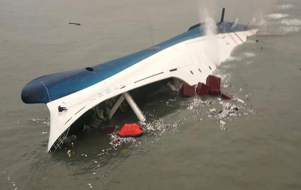 A ferry sinks in the water off the southern coast near Jindo, south of Seoul.