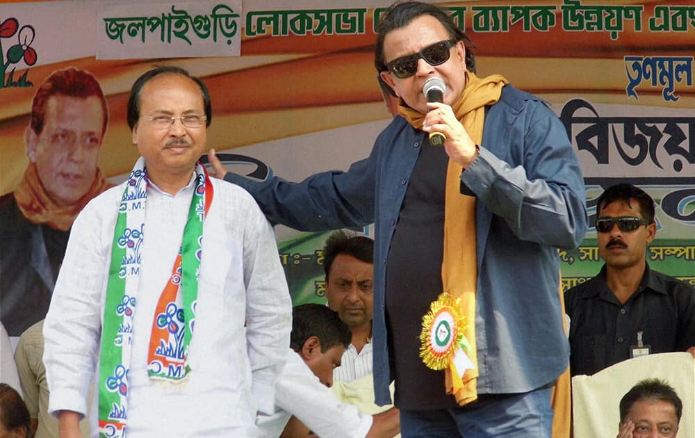 Bollywood actor and TMC campaigner Mithun Chakrabortry during an election campaign rally in Jalpaiguri district of West Bengal.