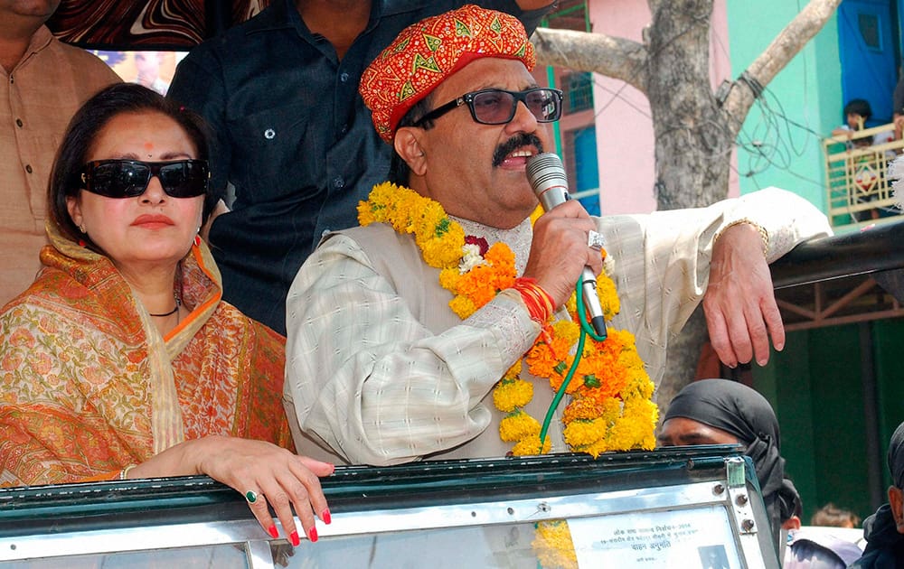 RLD candidate from Fatehpur Sikri Amar Singh during an election roadshow with party leader and actress Jaya Prada in Fatehpur Sikri.