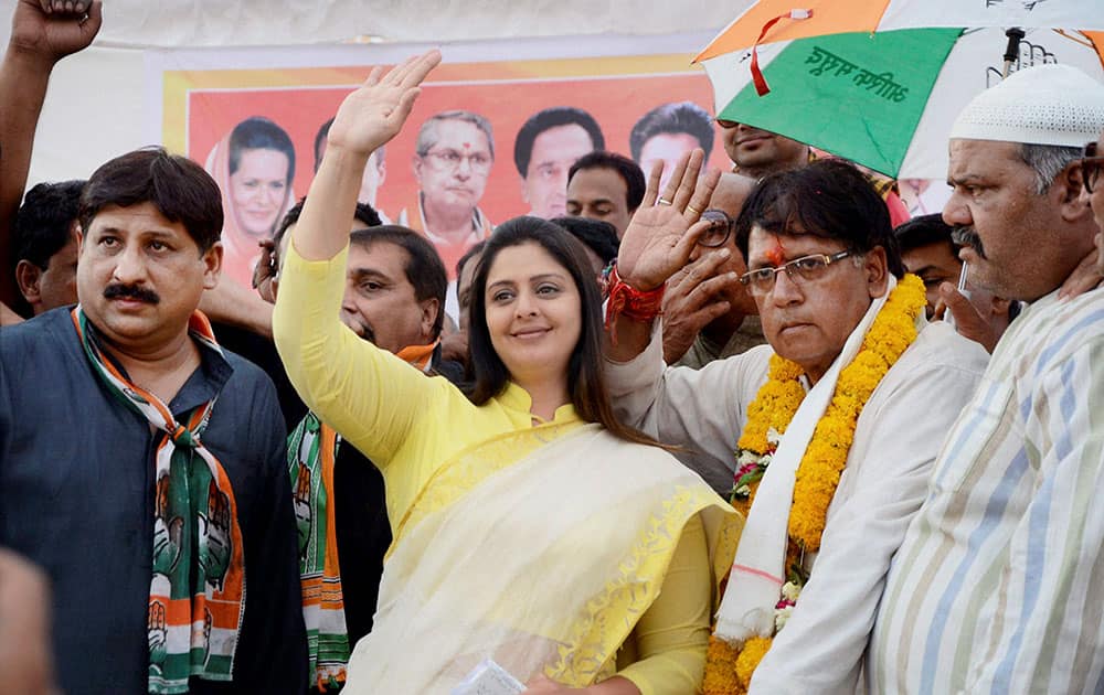 Bollywood actress and Congress leader Nagma during an election meeting in Bhopal.