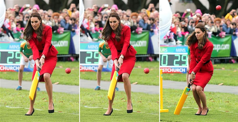 Britain`s Kate, the Duchess of Cambridge, plays cricket in Latimer Square in Christchurch, New Zealand.