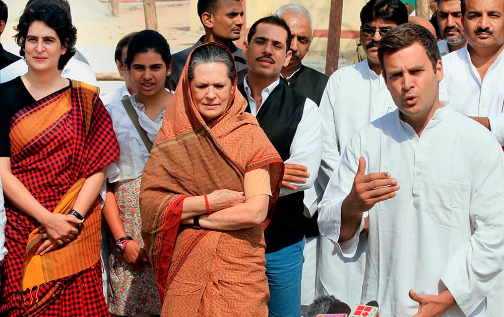 Congress Vice President and party candidate from Amethi, Rahul Gandhi with his mother and Congress President Sonia Gandhi talking to the media after he filed his nomination papers, in Amethi.