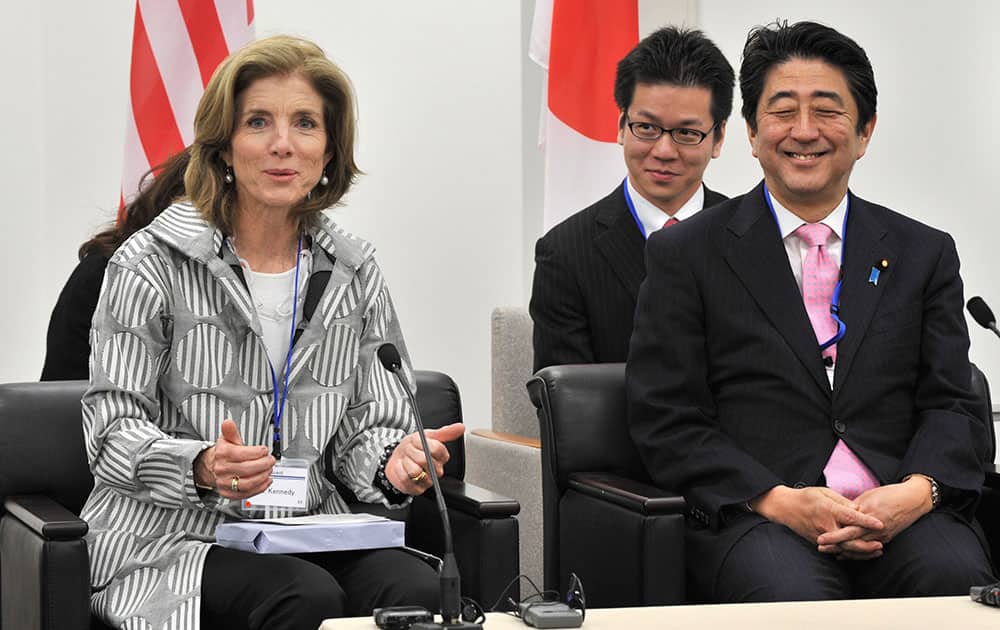 US Ambassador to Japan Caroline Kennedy, left, speaks after her inspection of a magnetic levitation train system at the Yamanashi Experiment Center in Tsuru.