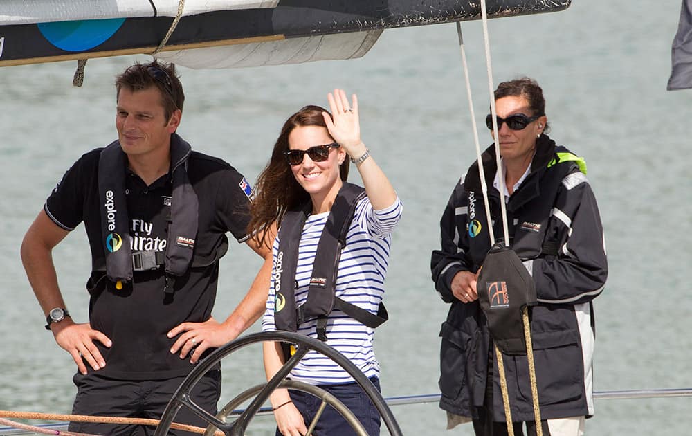 Britain`s Kate, the Duchess of Cambridge, prepares to go match-race sailing on America`s Cup yachts with Skipper Dean Barker, in Auckland, New Zealand.