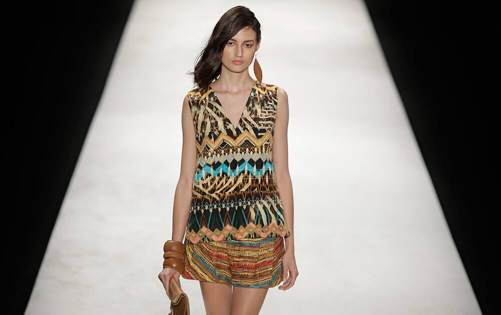 A model wears a creation from the Cantao collection during Fashion Week in Rio de Janeiro, Brazil.