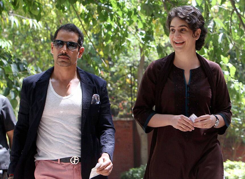 Priyanka Vadra with husband Robert Vadra arrives to cast their vote for Lok Sabha election in New Delhi.