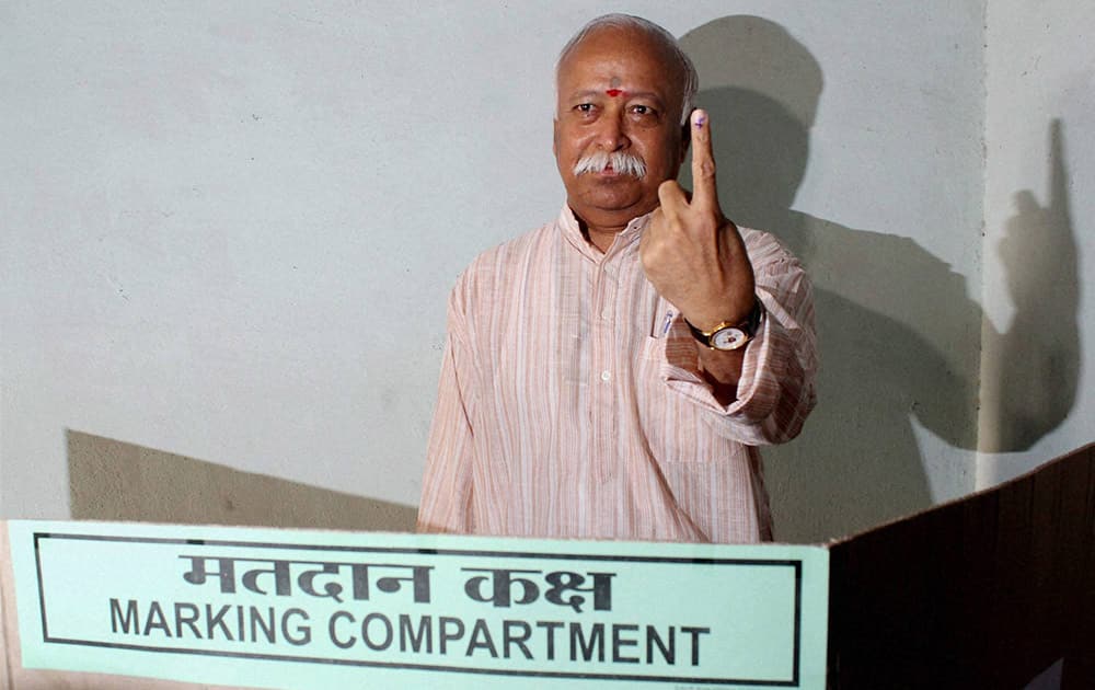 RSS Cheif Mohan Bhagwat showing his mark while casting his vote during Lok Sabha election at a polling station at Nagpur.