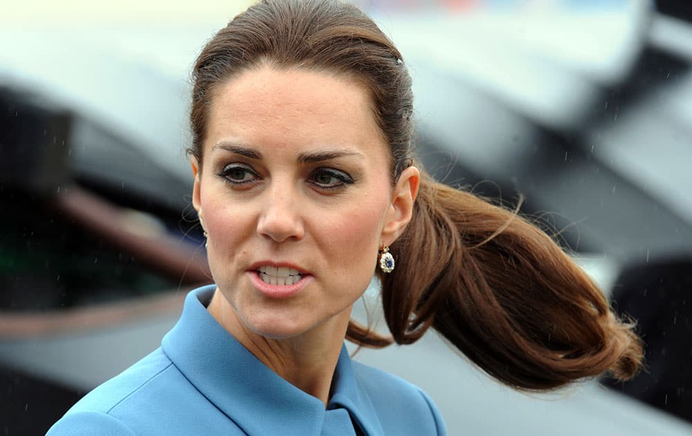 Britain`s Kate, the Duchess of Cambridge visits the Omaka Heritage Aviation Centre in Blenhiem, New Zealand.