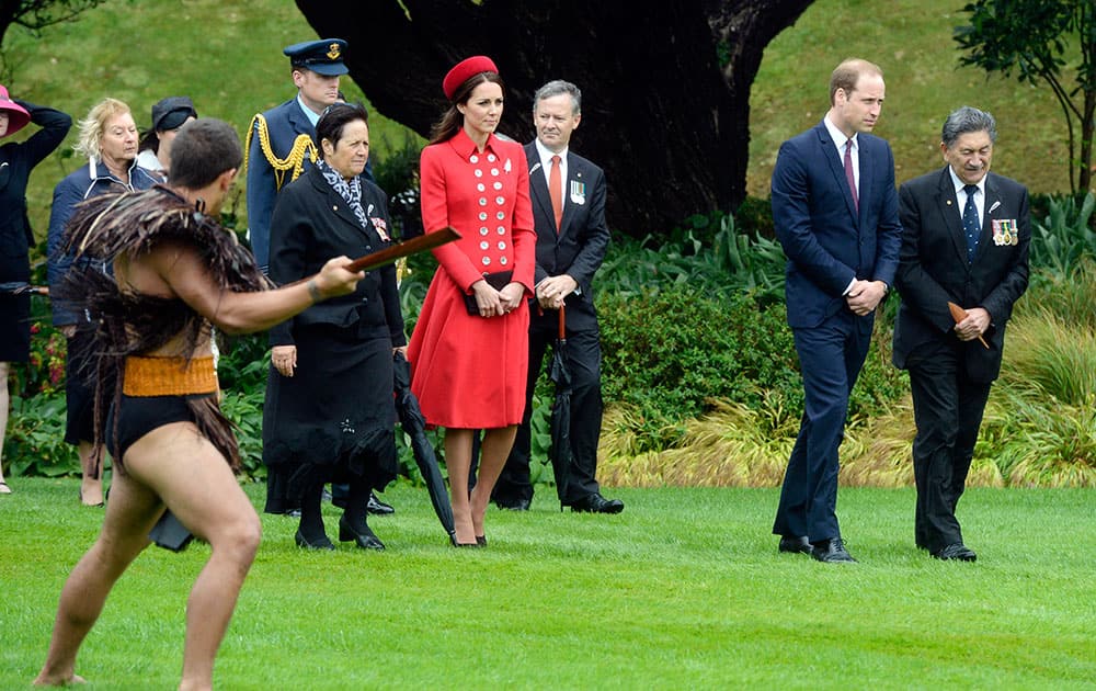 Britain`s Prince William and his wife Kate, the Duchess of Cambridge receive a Maori powhiri at their official welcome ceremony at Government House, in Wellington, New Zealand.