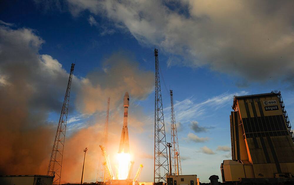 This image publicly provided by the European Space Agency ESA, shows Sentinel-1A satellite as it lifts off from Europe’s Spaceport in Kourou, French Guiana. ESA said it has successfully launched the first in a series of satellites that will form the nucleus of its new Copernicus monitoring system, which is aimed at providing better and quicker information about natural disasters and other catastrophes.